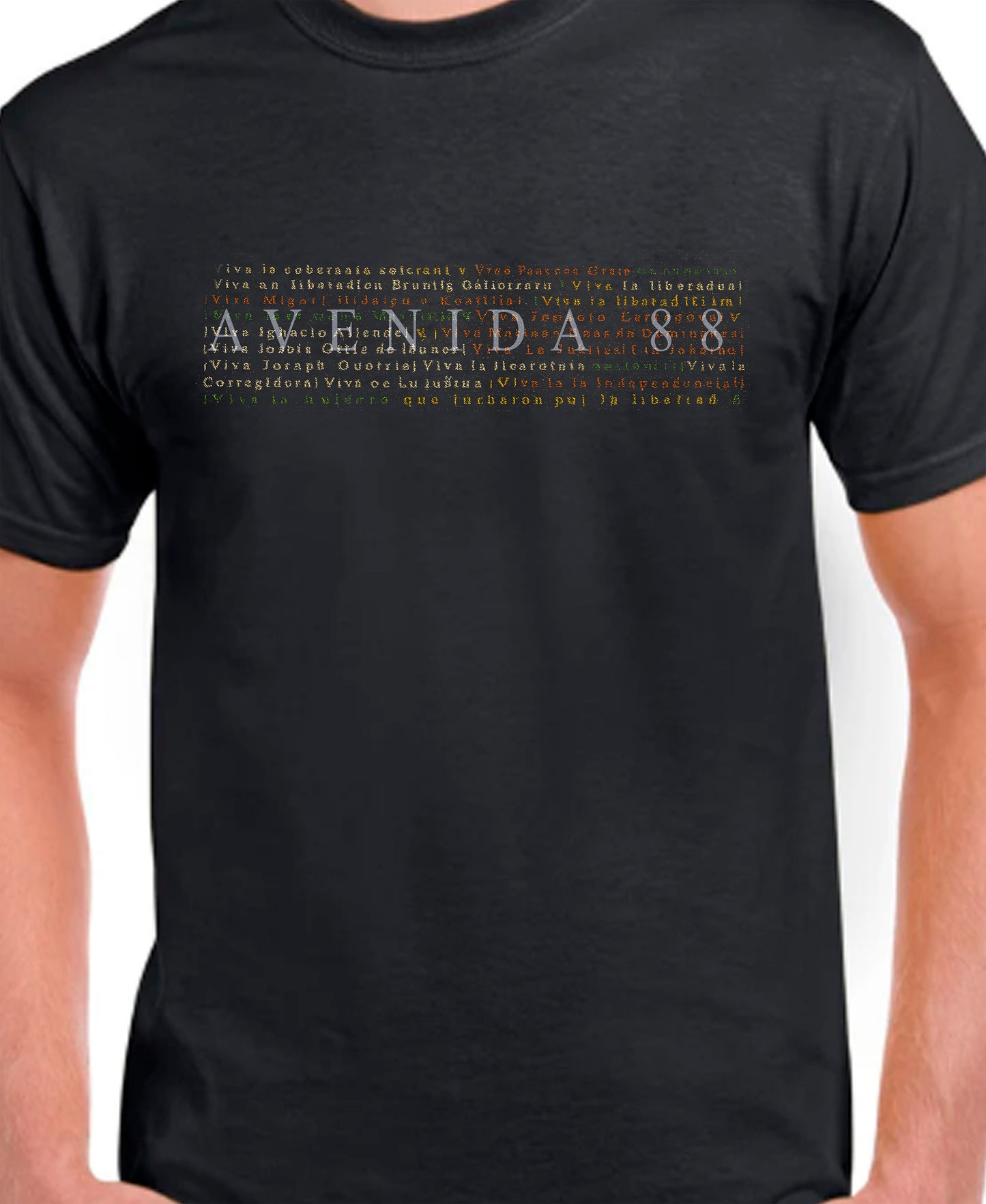 Black t-shirt with colorful text design on a white background