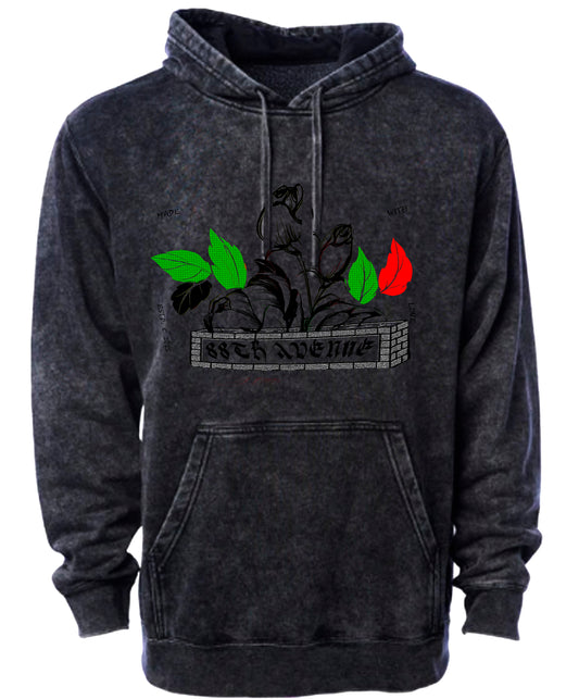 Mineral Washed Unisex Hoodie style with hood and no zipper.